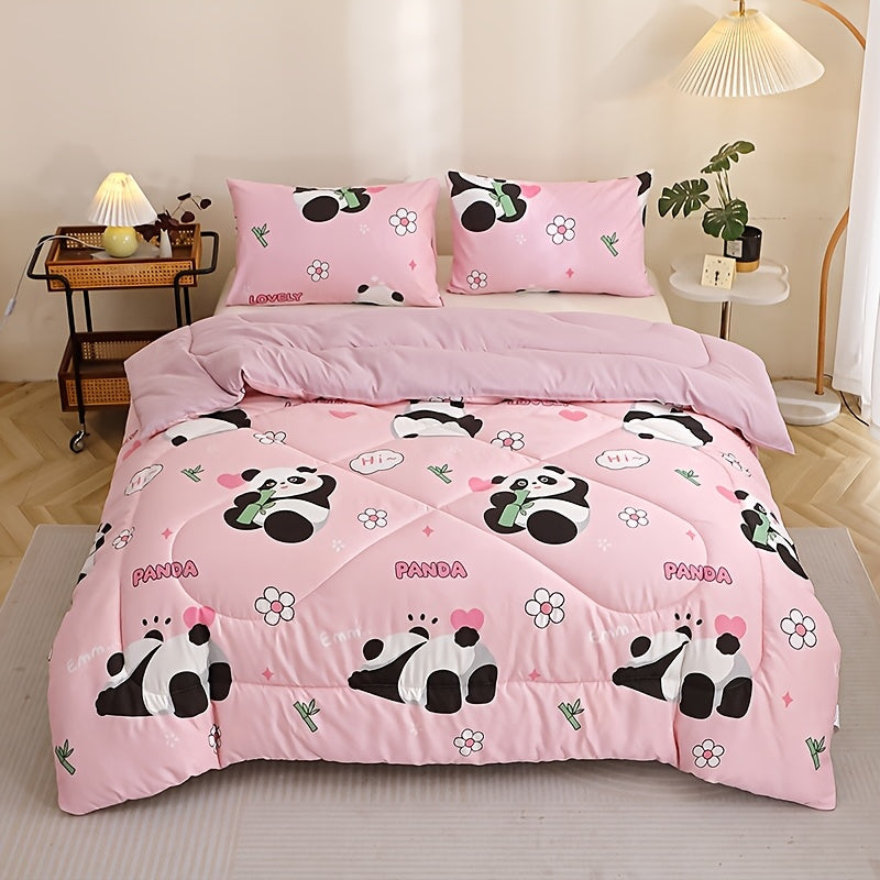 3pcs of Animal Panda-Patterned Quilt Sets Made of Bean Fleece Fabrics, Suitable for Use in Autumn And Winter As All-Season Quilt Sets (Including 1 Quilt Insert + 2 Pillowcases, Excluding Pillow Inserts).