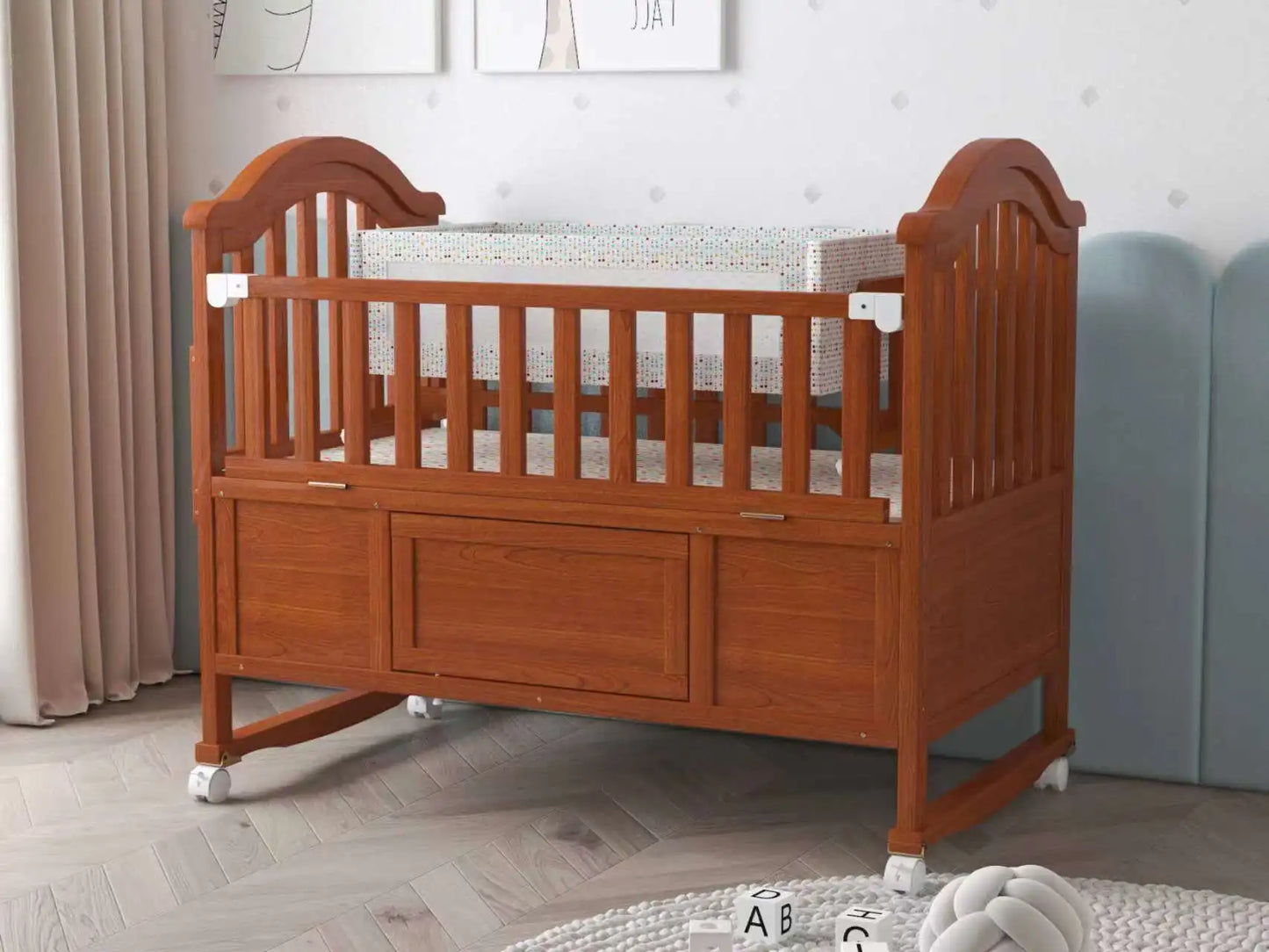 Adjustable Wooden Baby Cot Bed With Solid Swing Crib Modern Design For Stylish Bedrooms For Sleeping Or Cradle Use