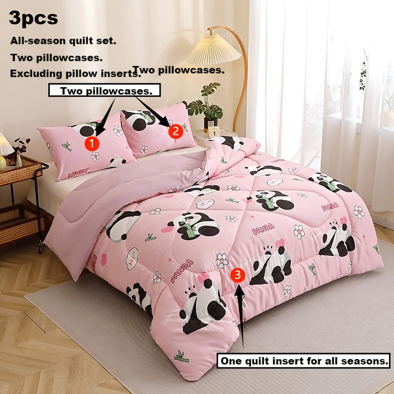 3pcs of Animal Panda-Patterned Quilt Sets Made of Bean Fleece Fabrics, Suitable for Use in Autumn And Winter As All-Season Quilt Sets (Including 1 Quilt Insert + 2 Pillowcases, Excluding Pillow Inserts).
