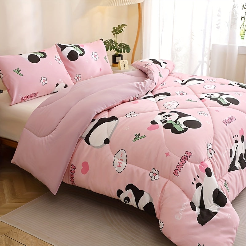 3pcs of Animal Panda-Patterned Quilt Sets Made of Bean Fleece Fabrics, Suitable for Use in Autumn And Winter As All-Season Quilt Sets (Including 1 Quilt Insert + 2 Pillowcases, Excluding Pillow Inserts).