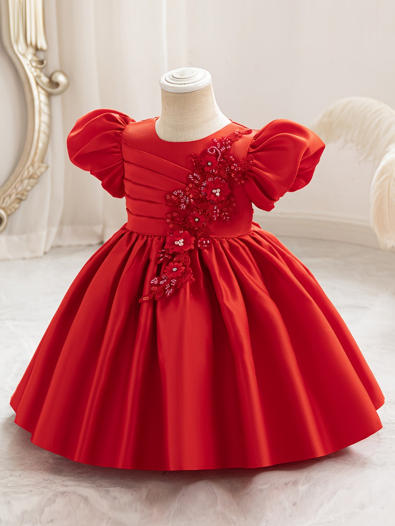 Baby's Elegant Beaded Flower Applique Puff Sleeve Gown Dress, Toddler Girl's Clothing For Formal Occasion/Birthday Party/Photography/Banquet