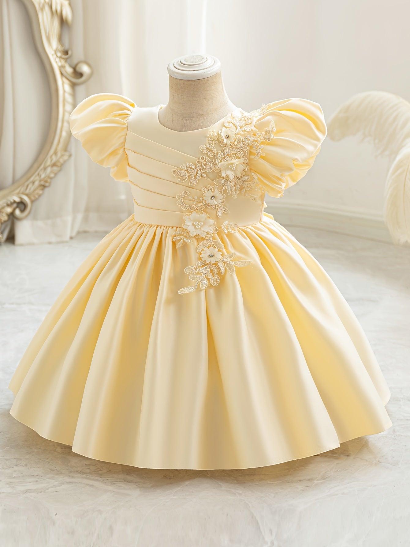 Baby's Elegant Beaded Flower Applique Puff Sleeve Gown Dress, Toddler Girl's Clothing For Formal Occasion/Birthday Party/Photography/Banquet