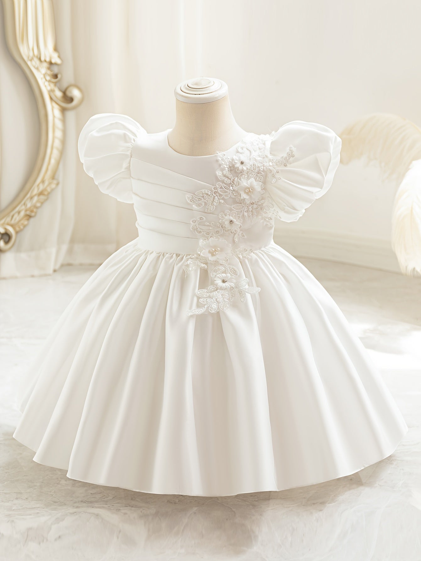 Baby's Elegant Beaded Flower Applique Puff Sleeve Gown Dress, Toddler Girl's Clothing For Formal Occasion/Birthday Party/Photography/Banquet