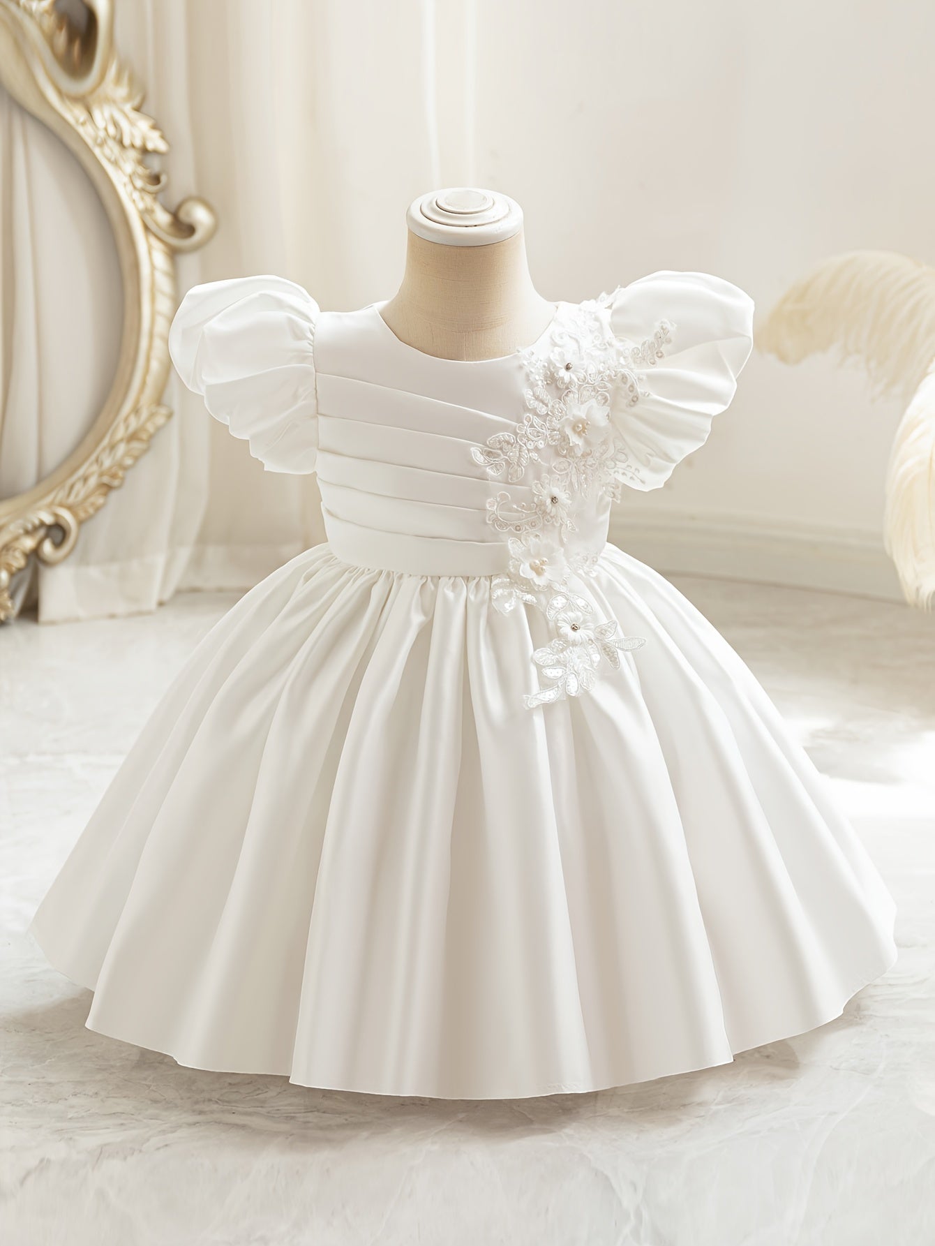 Baby's Elegant Beaded Flower Applique Puff Sleeve Gown Dress, Toddler Girl's Clothing For Formal Occasion/Birthday Party/Photography/Banquet