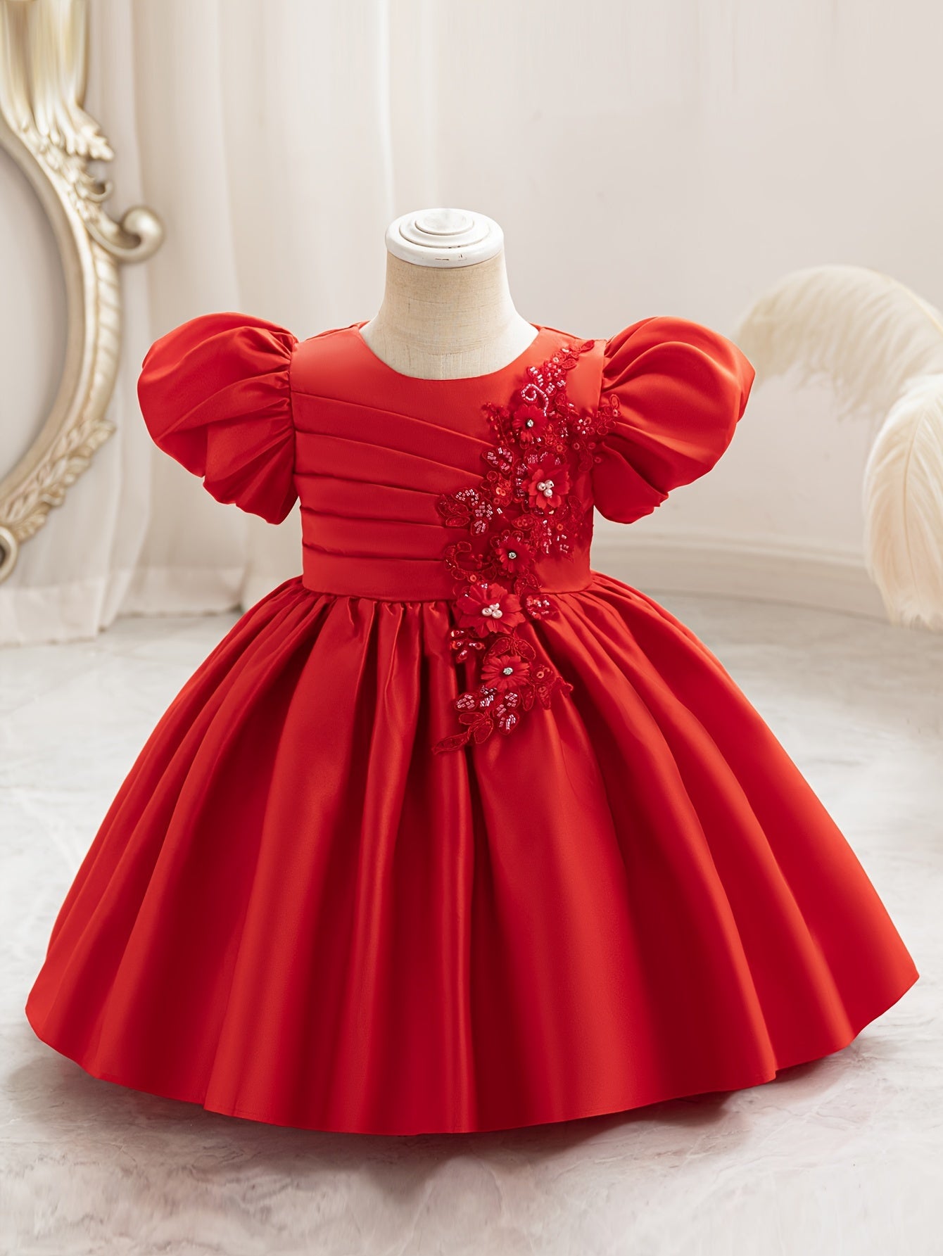 Baby's Elegant Beaded Flower Applique Puff Sleeve Gown Dress, Toddler Girl's Clothing For Formal Occasion/Birthday Party/Photography/Banquet