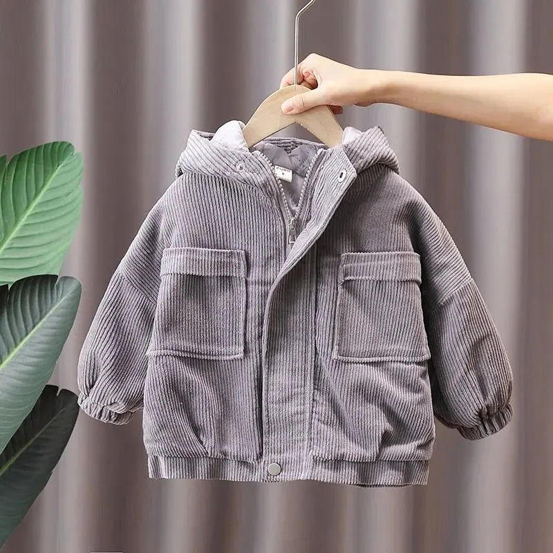 Boys Velvet Coat Autumn and Winter Thickened Corduroy Cotton Coat 2023 New Children's Baby Hooded Jacket