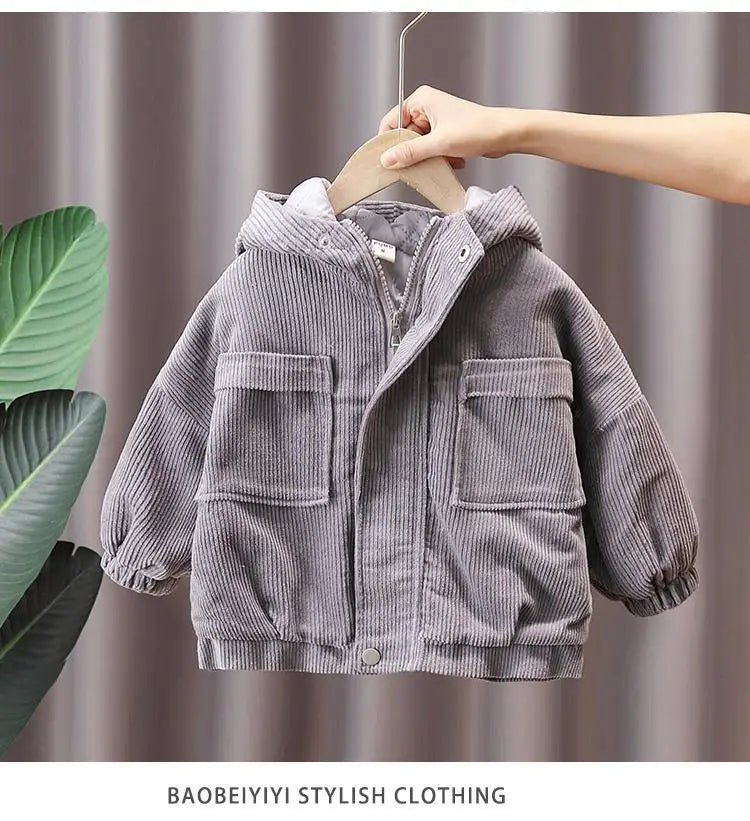 Boys Velvet Coat Autumn and Winter Thickened Corduroy Cotton Coat 2023 New Children's Baby Hooded Jacket