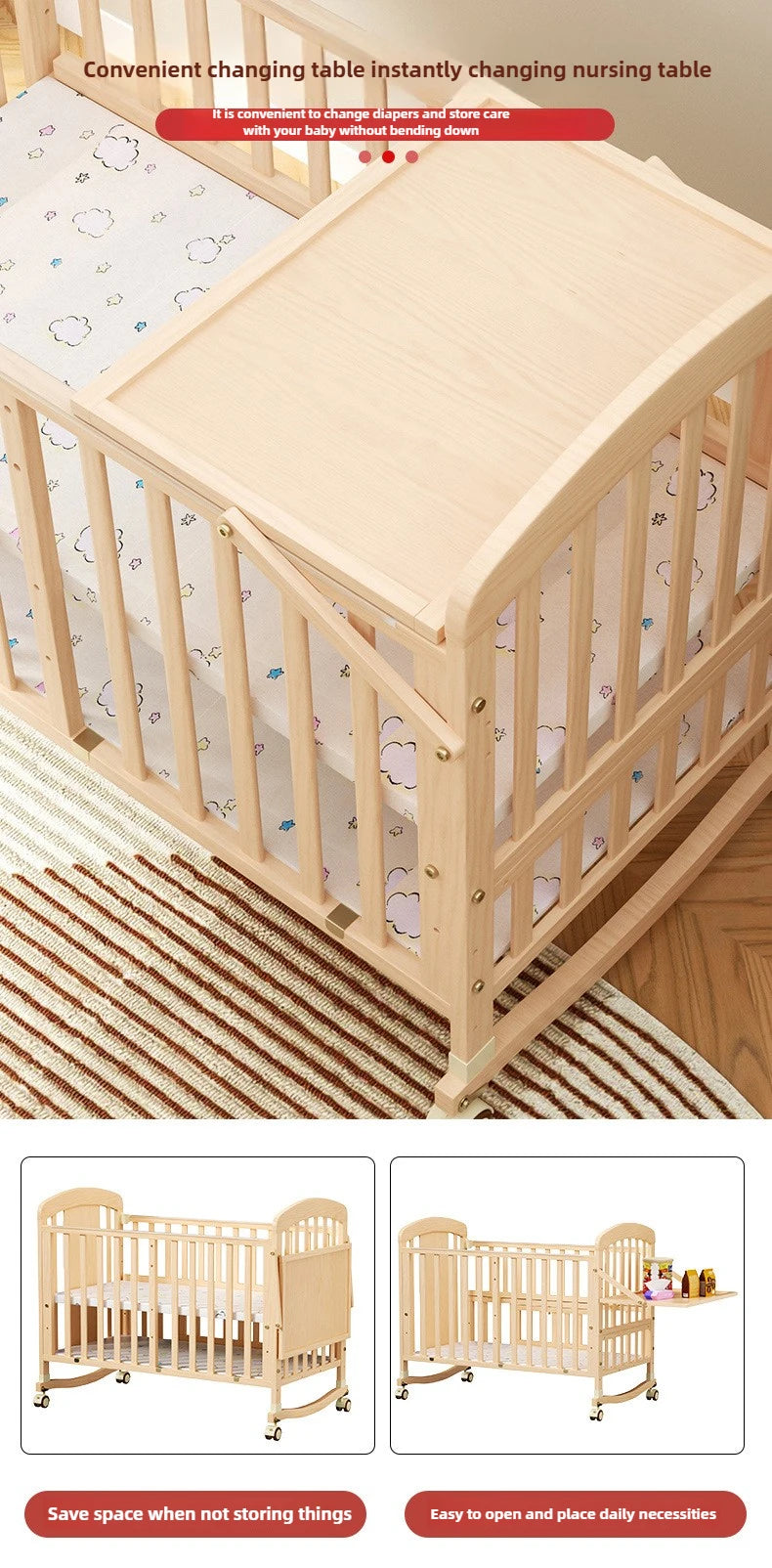 SOLID WOOD BABY BED, MULTIFUNCTIONAL ROCKING BED