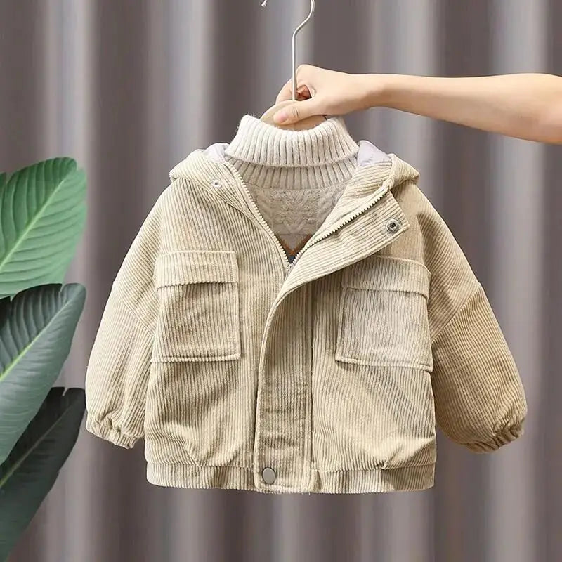 Boys Velvet Coat Autumn and Winter Thickened Corduroy Cotton Coat 2023 New Children's Baby Hooded Jacket