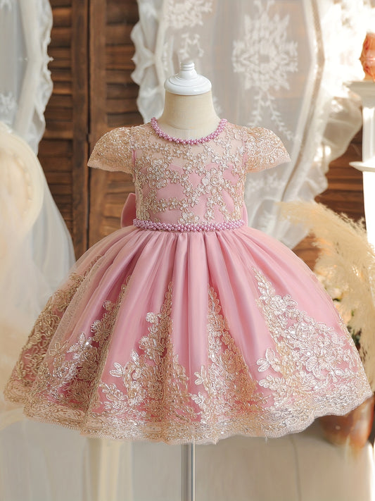 Cute Baby Girl's Bowknot Birthday Party Dress, Flower Embroidered Tutu Princess Dress For Wedding Formal Occasion Wear