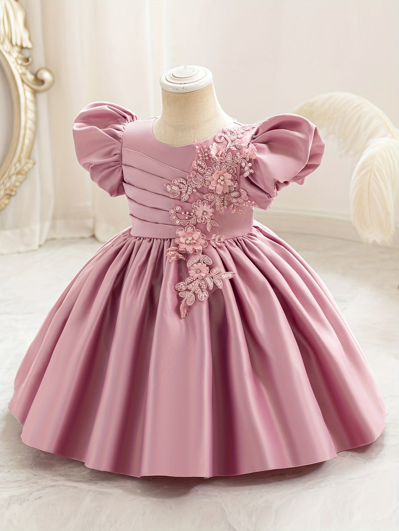 Baby's Elegant Beaded Flower Applique Puff Sleeve Gown Dress, Toddler Girl's Clothing For Formal Occasion/Birthday Party/Photography/Banquet