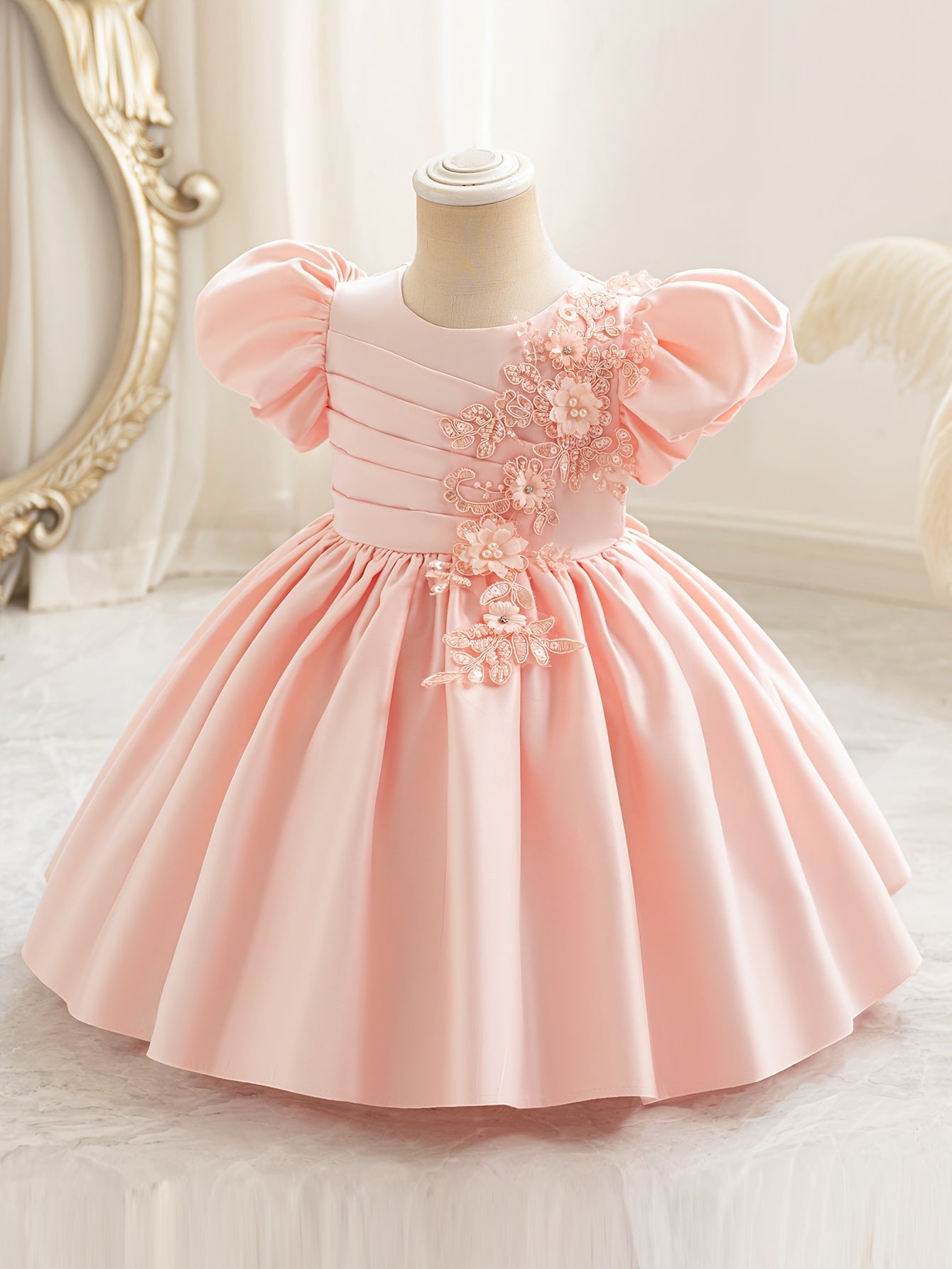 Baby's Elegant Beaded Flower Applique Puff Sleeve Gown Dress, Toddler Girl's Clothing For Formal Occasion/Birthday Party/Photography/Banquet